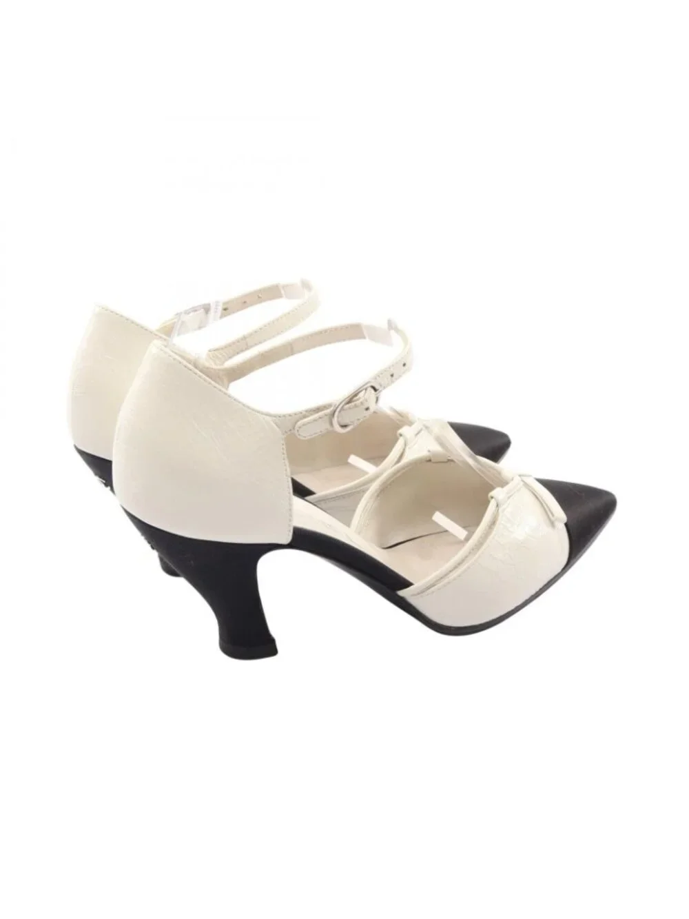 Chanel Pumps Pointed Toe Ribbon Leather Fabric Heel 36